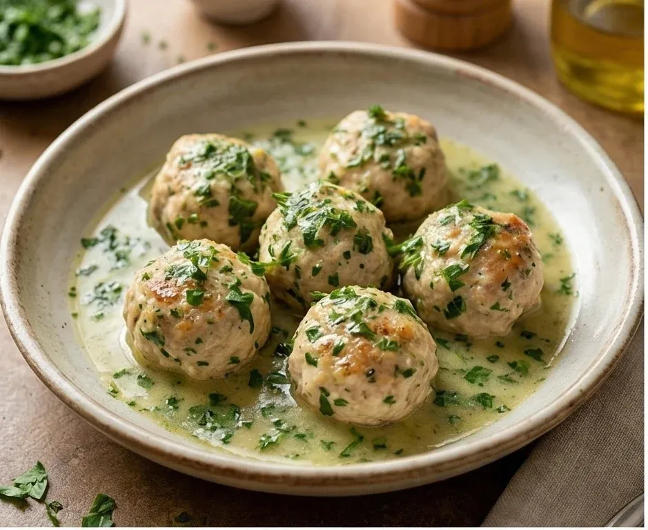 Homemade Hake Meatballs in Light Green Sauce