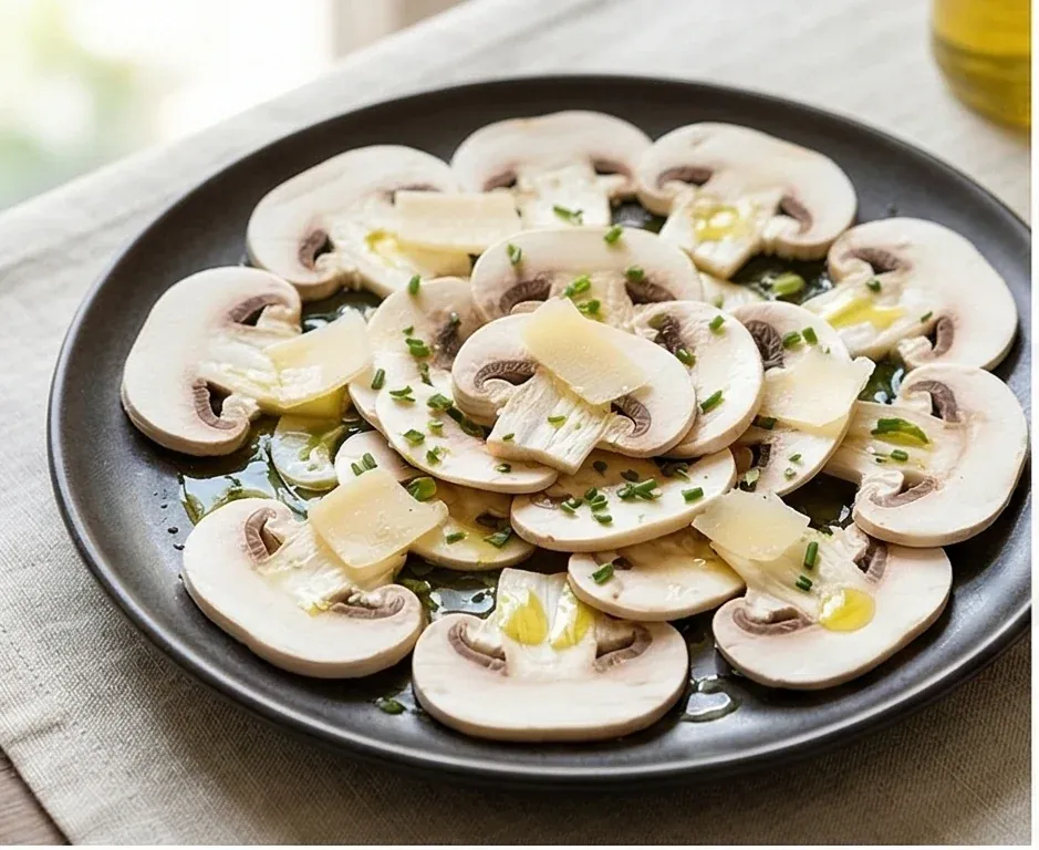 Raw Mushroom Carpaccio with EVOO, Lemon, and Cheese Shavings