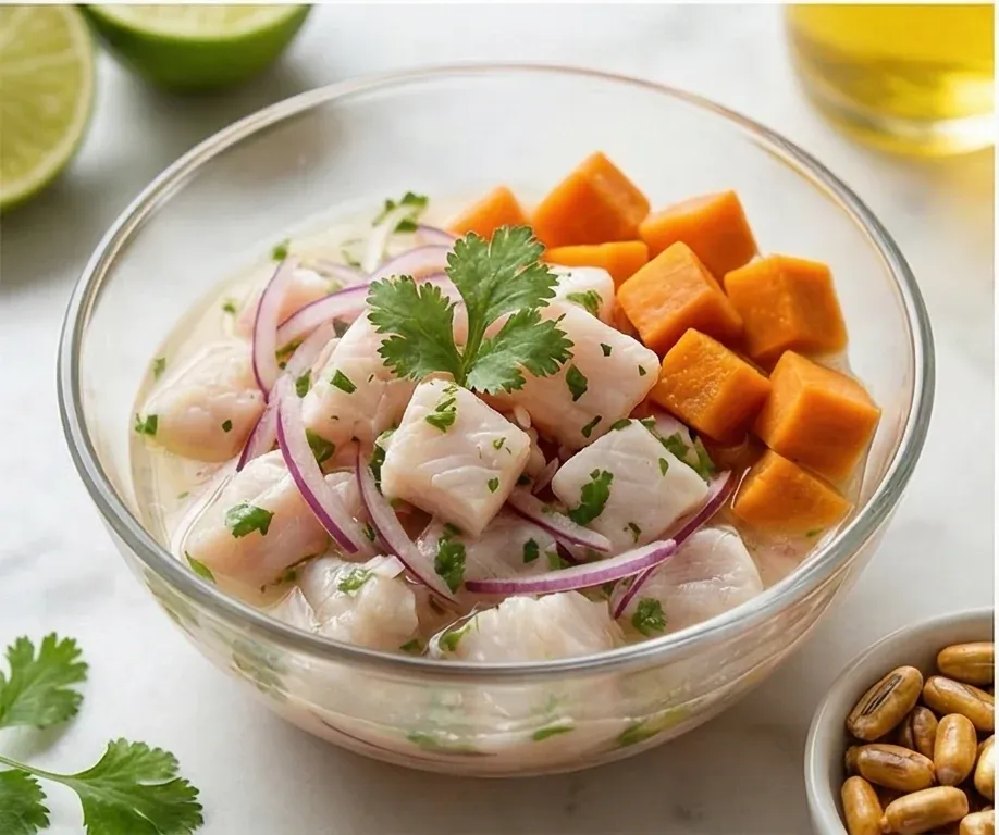 White Fish Ceviche with Sweet Potato and Toasted Corn