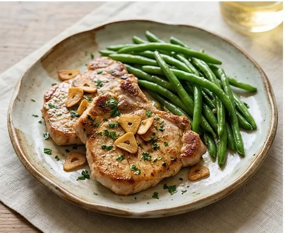 Garlic Turkey Chops with Sauteed Green Beans