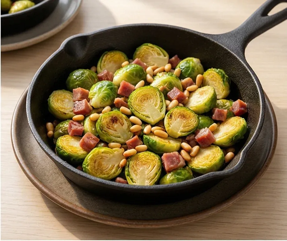 Brussels Sprouts Stir-fry with Pine Nuts and Ham