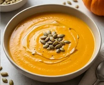 Pumpkin and Sweet Potato Cream Soup with Toasted Seeds