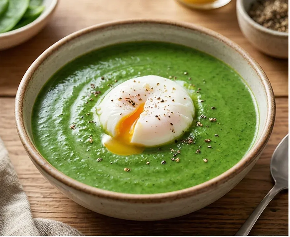 Spinach Cream Soup with Poached Egg
