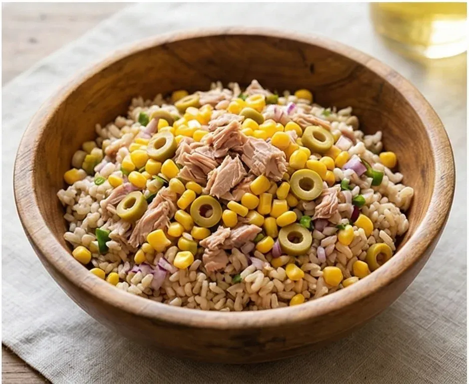 Brown Rice Salad with Tuna, Sweet Corn, and Green Olives