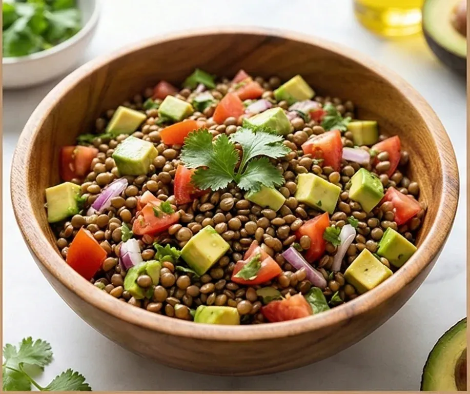Lentil Salad with Avocado, Tomato, and Red Onion