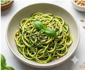 Zucchini Zoodles with Basil Pesto and Pine Nuts