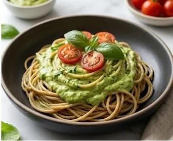 Whole-Wheat Spaghetti with Creamy Avocado and Basil Sauce