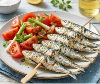 Sardine Skewers with Tomato and Oregano Salad