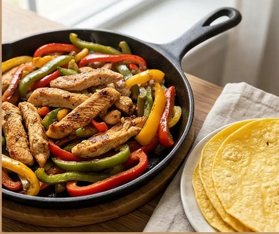 Chicken Fajitas with Roasted Peppers in Corn Tortillas