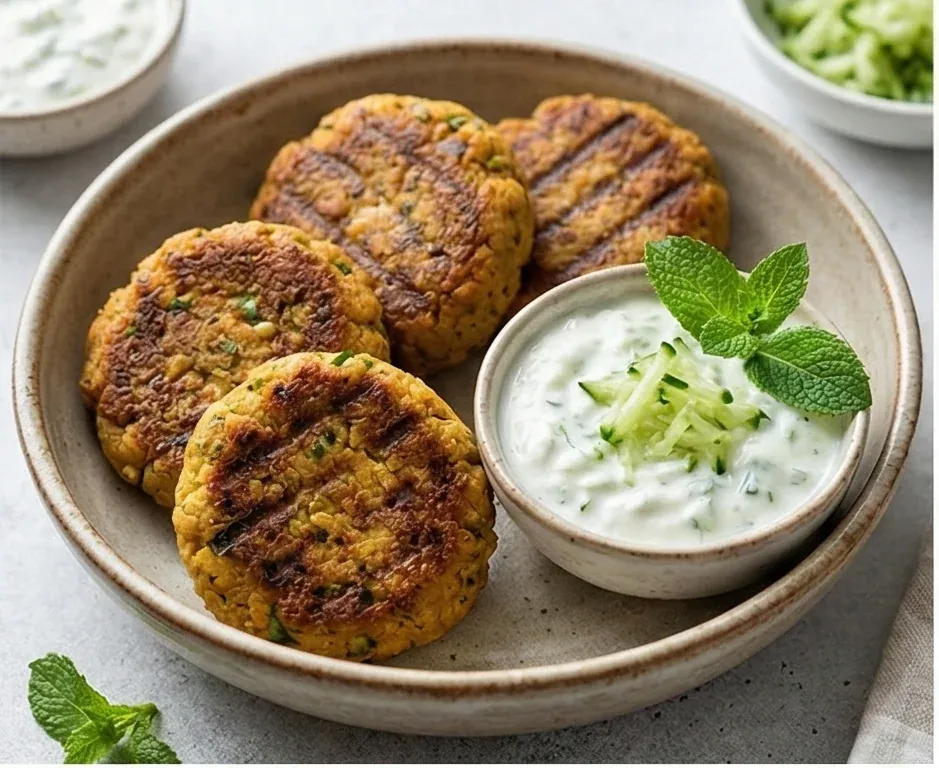 Grilled Chickpea Burgers (Falafel) with Tzatziki Sauce