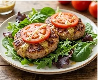Homemade Turkey Burgers served over Green Salad