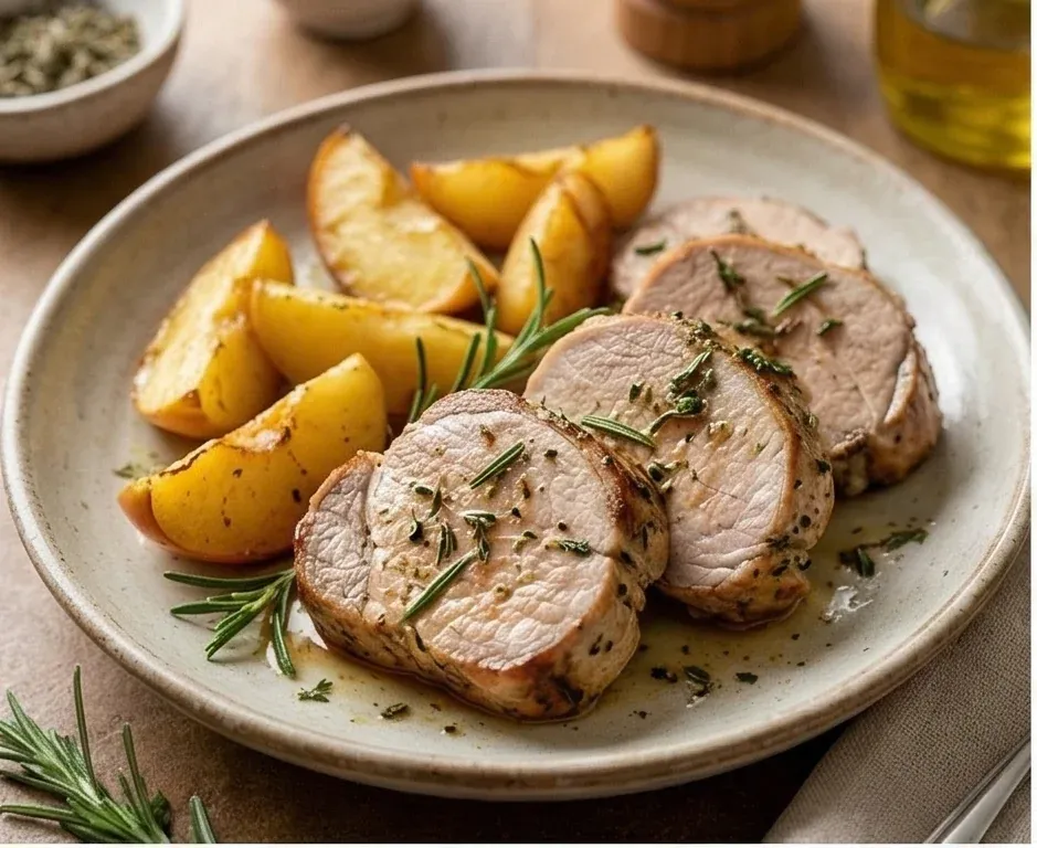 Herb-Roasted Pork Loin with Roasted Apple Garnish