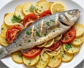 Baked Sea Bass on a Bed of Thin Potatoes, Tomato, and Onion