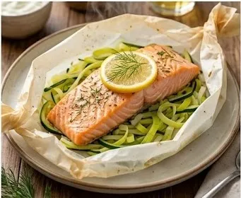 Salmon Papillote with Zucchini and Leek Base