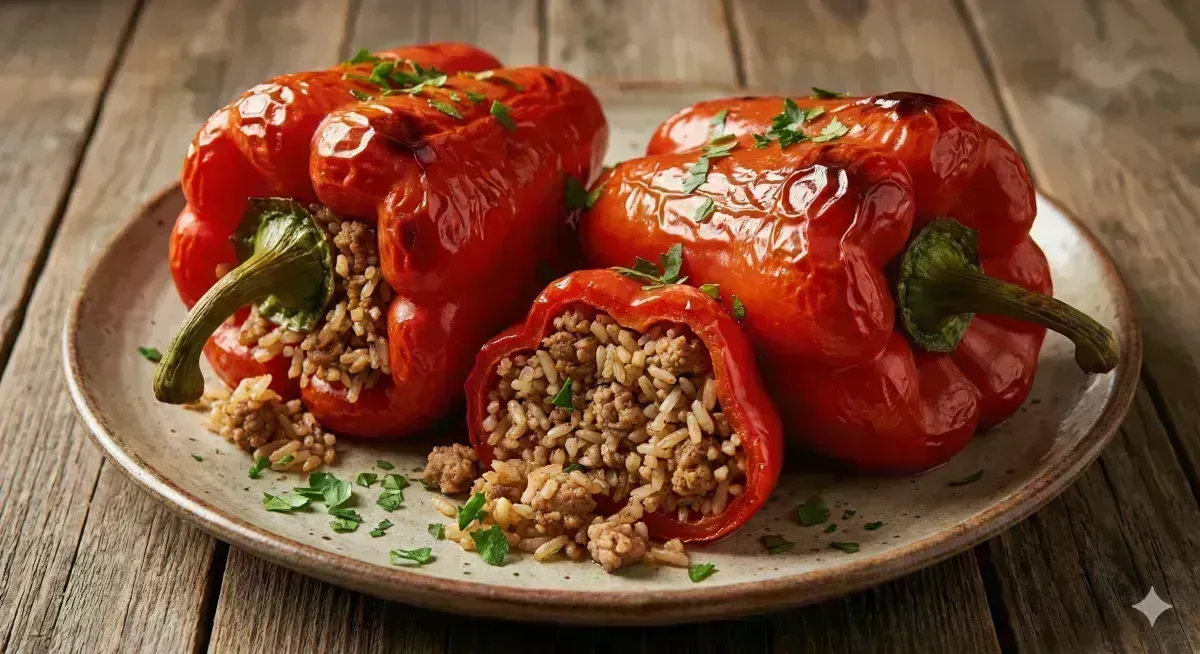 Bell Peppers Stuffed with Brown Rice, Turkey and Spices