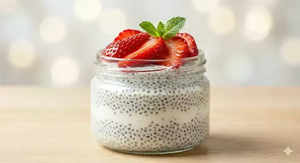 Chia Pudding with Almond Milk and Fresh Strawberries
