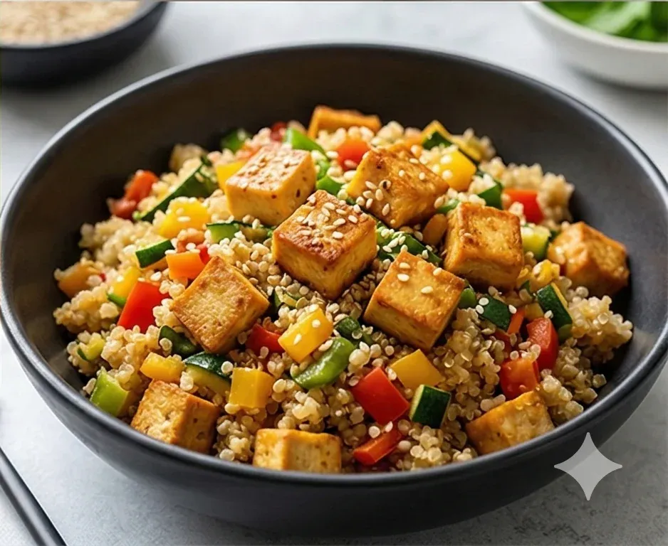 Sautéed Quinoa with Mixed Vegetables and Tofu Cubes