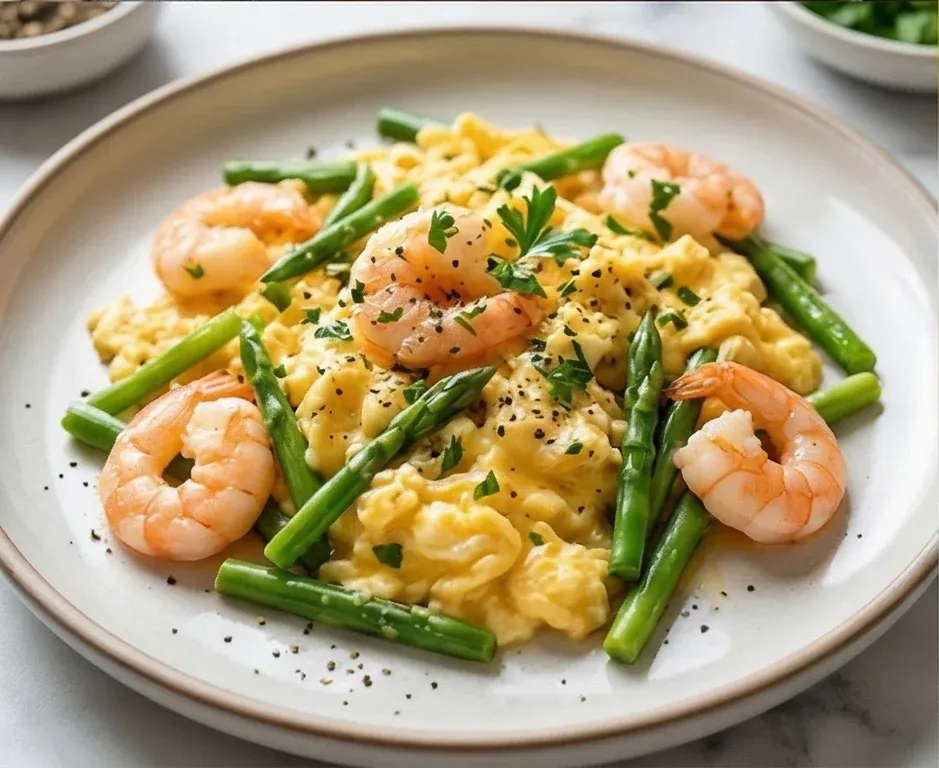 Scrambled Eggs with Spring Garlic and Peeled Prawns