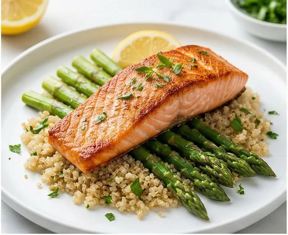 Grilled Salmon on a Bed of Quinoa and Wild Asparagus