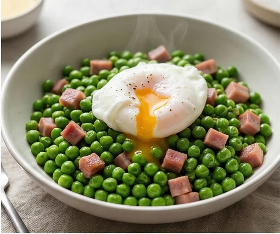 Sautéed Peas with Diced Ham and Poached Egg