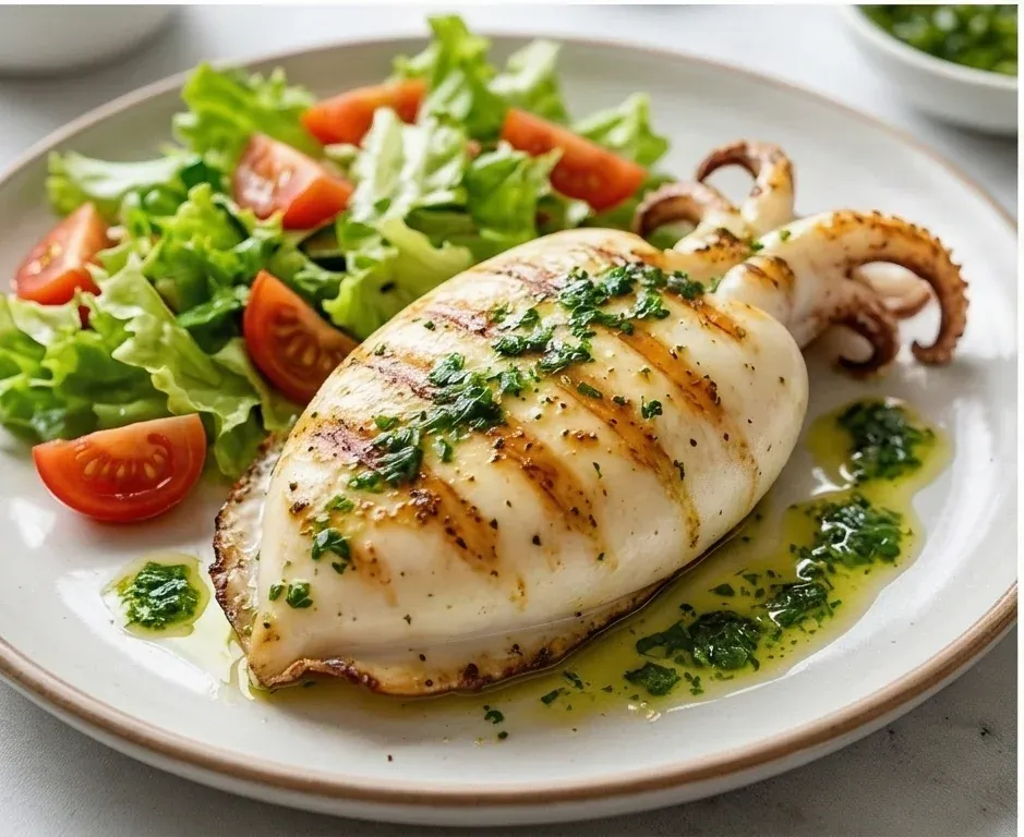 Grilled Cuttlefish with Garlic, Parsley, and Mixed Salad