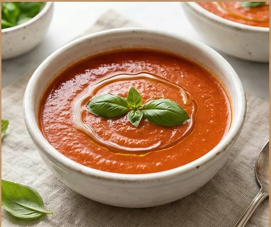 Hot Tomato Soup with Fresh Basil Leaves