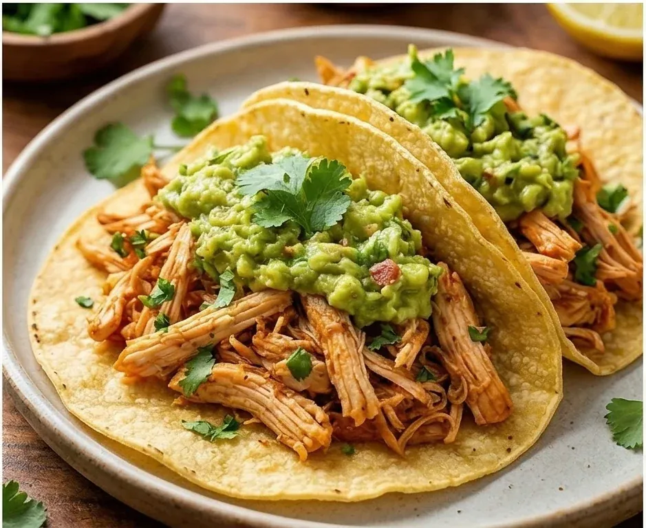 Shredded Chicken Tacos with Homemade Guacamole