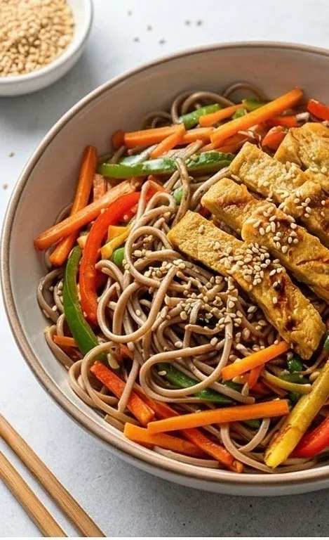 Buckwheat Soba Noodle Wok with Vegetables and Heura