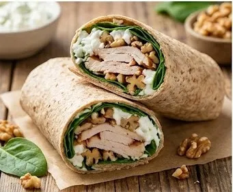 Roasted Turkey, Fresh Spinach, Cottage Cheese, and Walnut Wrap